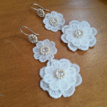 Load image into Gallery viewer, White lace flower drops and Swarovski crystal rhinestone earrings