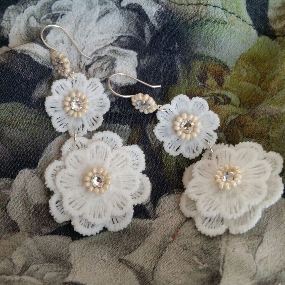 White lace flower drops and Swarovski crystal rhinestone earrings