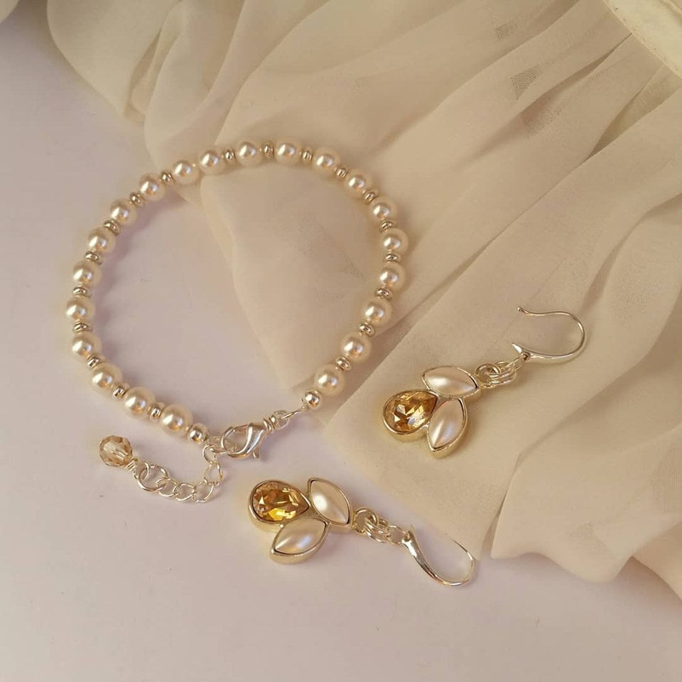 White Swarovski crystal pearls silver or gold tone earrings and bracelet SET