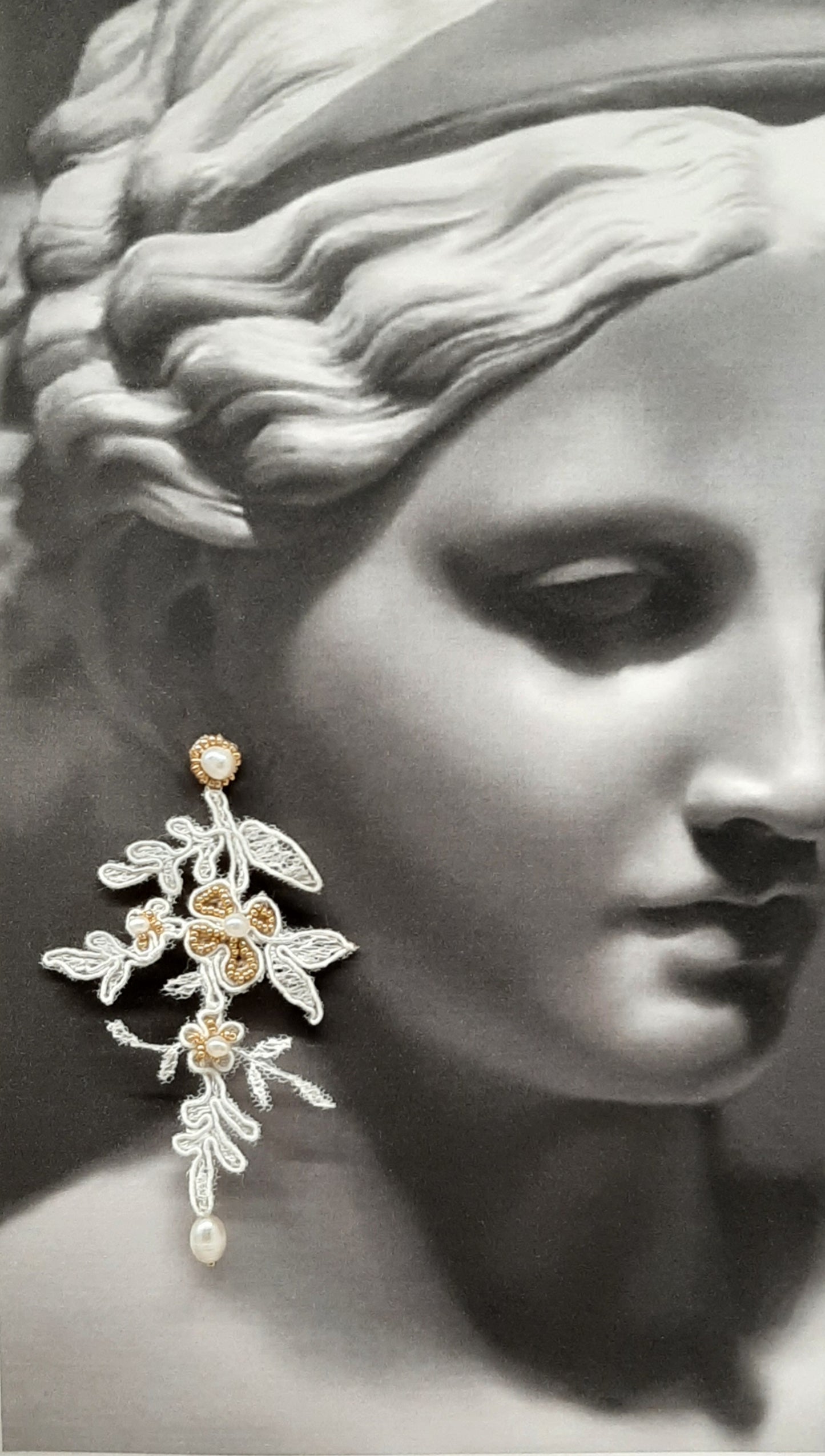 Katya - lace, freshwater pearls and tiny seed beads long cascading flower shaped stud earrings