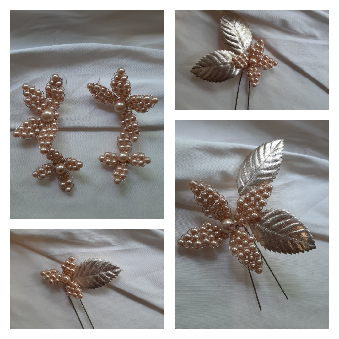 Joy - champagne glass bead pearl flower earrings and hair pins SET